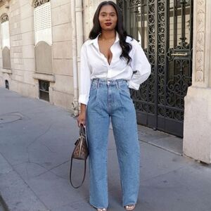 ZARA Ribcage pleated front raw hem denim trousers
